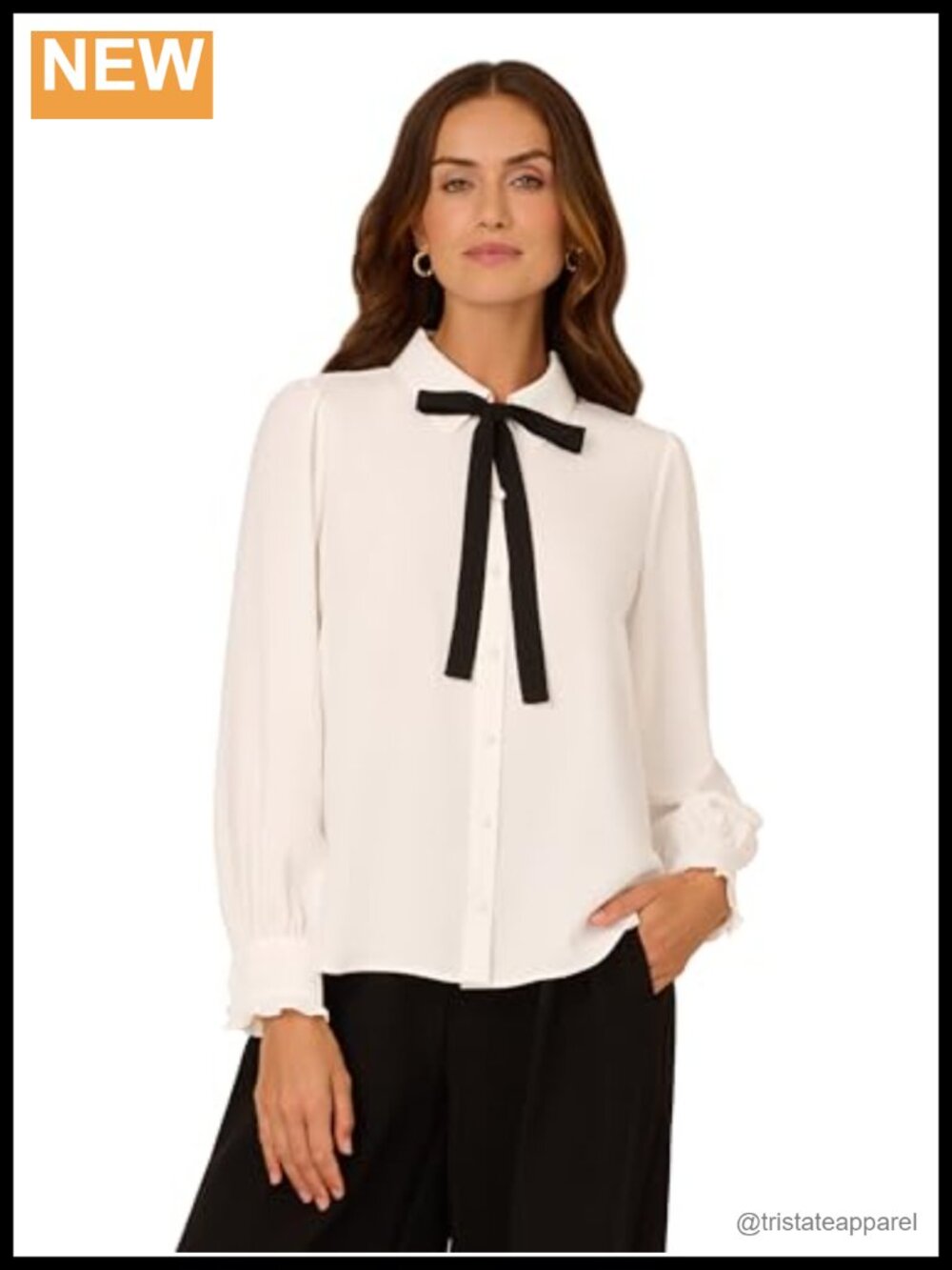 Women's Long Sleeve Woven Button Front Blouse with Tie Neck and Ruffle Cuffs